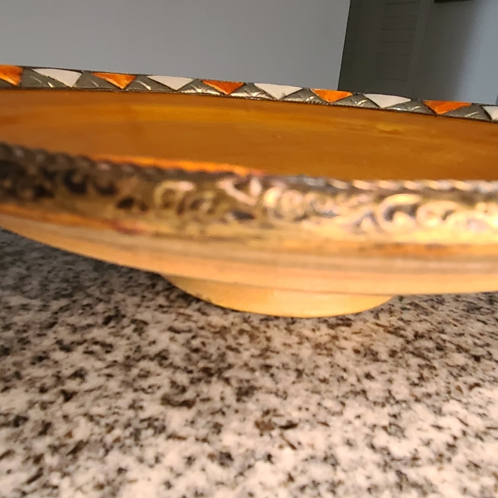Large Bowl with Inlaid Camel Bone Metal Ceramic Bowl Morocco 13" Diameter Orange - Picture 4 of 8